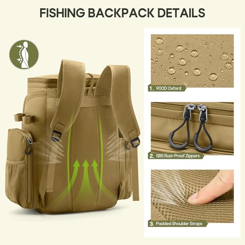 RAINSMORE Fishing Backpack, 45L Large Water-resistant Fishing Tackle Bag | with 4 Rod Holders & Insulated Cooler & Rain Cover Professional 900D Oxford Tackle Backpack for Men Gift Khaki - color: Khaki
