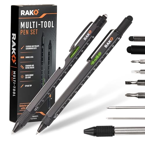 RAK Multitool Pen - Multi-Tool Pen Set 11 in 1, LED Light, Screwdrivers, Level, Ruler, Bottle Opener, and Stylus. Cool Gadgets Gifts for Men, Dad, EDC Tactical Pen Tool, Gift-Ready Box, Pack of 2 - size: Pocket Size (2 count), style: Multitool Pen Set