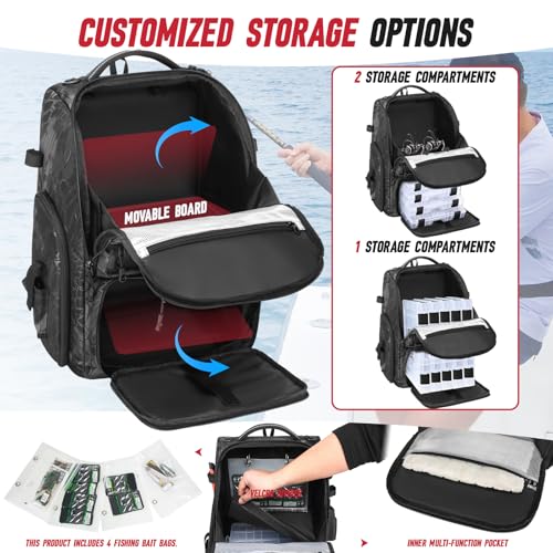 Fishing Tackle Backpack,Tackle Bag with 2 Rod Holders,Water-Resistant Large Storage Fishing Gear and Equipment (B-Black Camo) - color: B-Black Camo(Without tackle box)
