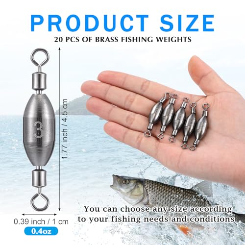 Seenelling 20 Pcs Brass Fishing Sinker Swivel Fishing Weights Saltwater Bullet Sinkers Drop Shot Weight Egg Sinkers with Swivel Rolling Removable Freshwater - size: 2/5 oz