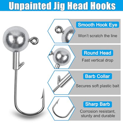Soft Plastic Fishing Lure Jig Head Hook Kit,Grub Worm Lures Crappie Jigs Head Grub Tail Swimbait Tube Bait Jigs for Saltwater Freshwater, Trout Crappie Fishing - color: 48PCS Sets