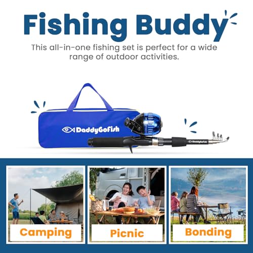 DaddyGoFish Kids Fishing Pole - Rod Reel Combo Tackle Box Starter Set - First Year Small Dock Gear Kit for Boys Girls Toddler Youth Age Beginner Little Children Junior Anglers Older Kids - color: Blue