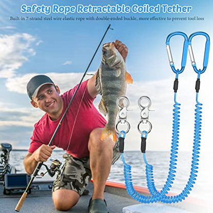 Woanger 6 Pack Fishing Lanyard Steel Wire Coiled Lanyard Tool Lanyards for Hand Tools Kayak Retractable Tool Leash Fishing Rod Safety Lanyards Gear with Alloy Clips for Pliers Boating - color: Blue