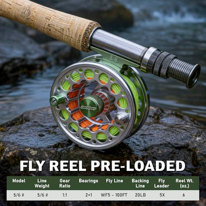 QualyQualy Fly Fishing Combo Starter Kit, 9Ft Fly Rod 4-Piece Graphite Rod with Bag, Accessories, Die Cast Aluminum Pre-Loaded Reel, Chest Pack, Fly Fishng Net & Flies - color: A-5/6-Green Reel (Pack &Net)