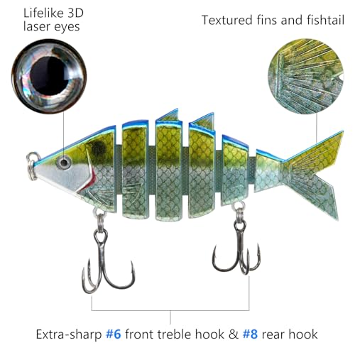 BASSDASH Bone Swimbait Multi Jointed Hard Fishing Lure for Bass Trout Bluegill Pike with Angled Cut Segments - color: Blue Gold