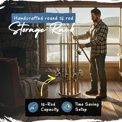 Rush Creek Creations Round 16 Fishing Rod Storage Rack - Features Traditional Handcrafted Wood Post - No Tool Assembly, Wood Grain Laminate - color: Light Wood Grain