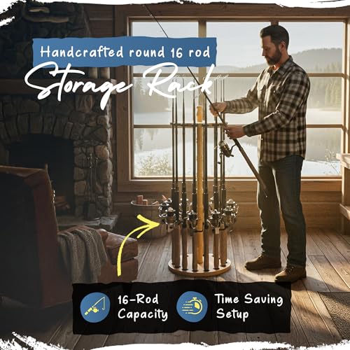 Rush Creek Creations Round 16 Fishing Rod Storage Rack - Features Traditional Handcrafted Wood Post - No Tool Assembly, Wood Grain Laminate - color: Light Wood Grain
