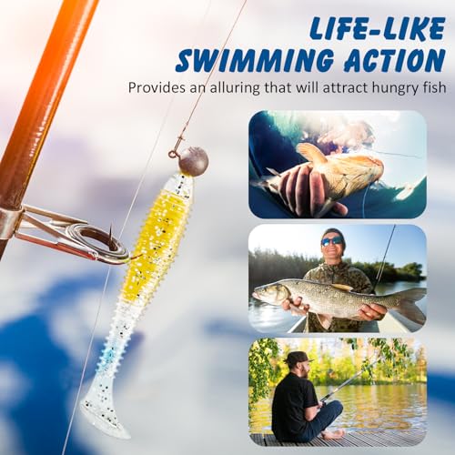 Syosisny 54PCS Soft Paddle Tail Swimbaits, 6 Vibrant Colors Fishing Lures, Versatile Bait for Freshwater Saltwater, Bass Trout Walleye Pike Crappie Fishing Tackle