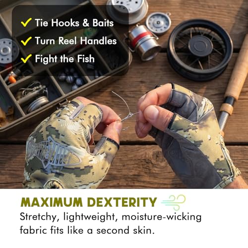 Riverruns SwiftShield Fishing Gloves Shortened Wrist UPF50+ Sun Gloves Fingerless Lightweight Breathable Hiking Driving Kayaking Paddling - color: CamoKhaki, size: X-Large