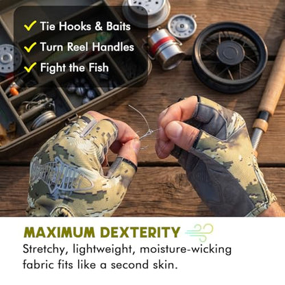 Riverruns SwiftShield Fishing Gloves Shortened Wrist UPF50+ Sun Gloves Fingerless Lightweight Breathable Hiking Driving Kayaking Paddling - color: CamoKhaki, size: Large