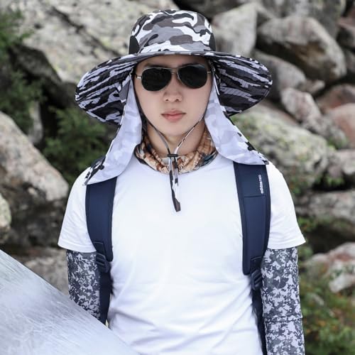 Sun Hat Unisex Face Coverage Shield Neck Flap Cap Garden Lawn Work Sports Hiking Fishing Hats - color: Camou Gray