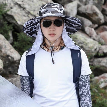 Sun Hat Unisex Face Coverage Shield Neck Flap Cap Garden Lawn Work Sports Hiking Fishing Hats - color: Camou Gray