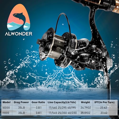 Alwonder Saltwater Spinning Reel 10000/11000 Surf Fishing Reel Graphite 13+1 Stainless Steel BBS 35LB Max Drag Heavy Duty Surf Casting Sea Offshore Catfish Reel - style: Model 11000