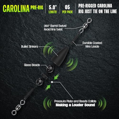 Carolina Rig for Bass Fishing, Pre-Rigged Bullet Weight with Swivels, Ready to Use Carolina Rigs with Beads, Saltwater & Freshwater Fishing Tackle - color: Black, size: 3/8oz