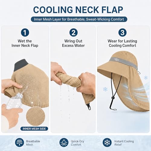 Palmyth Fishing Hat UPF 50+ Sun Protection Neck Flap Hat for Men and Women | Cooling Neck Flap, Water Resistant, Wide Brim, Detachable Chin Strap, Breathable Mesh, Sweatband, Adjustable Buckle, Packable - color: Khaki