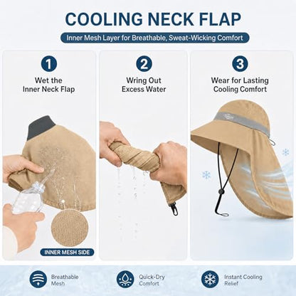 Palmyth Fishing Hat UPF 50+ Sun Protection Neck Flap Hat for Men and Women | Cooling Neck Flap, Water Resistant, Wide Brim, Detachable Chin Strap, Breathable Mesh, Sweatband, Adjustable Buckle, Packable - color: Khaki