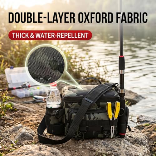 Portable Oxford Fishing Gear Bag, Water Resistant Multi-pocket Storage Backpack with Rod Holder and Adjustable Shoulder Strap for Outdoor Fishing