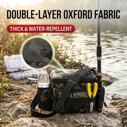 Portable Oxford Fishing Gear Bag, Water Resistant Multi-pocket Storage Backpack with Rod Holder and Adjustable Shoulder Strap for Outdoor Fishing