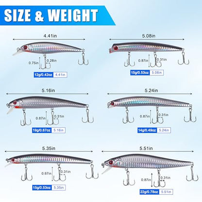 Saltwater Fishing Lures Kit, 6pcs Surf Fishing Sriper Lures Minnow Lures Deep Diving Jerkbait Crankbait Popper Plugs Hard Baits with Treble Hooks for Inshore Offshore Ocean Deep Sea Fishing