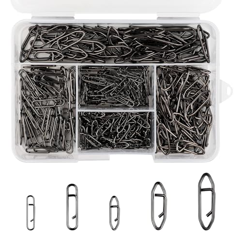 330 Pcs 5 Sizes Fishing Power Speed Clips,Stainless Steel Quick Change Lure Connectors,Clip Snap for Crankbait,Popper,Topwater Lures,Saltwater & Freshwater Fishing Tackle Accessories (Black)