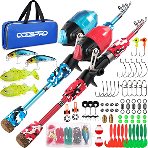 ODDSPRO Kids Fishing Pole - Portable Telescopic Kids Fishing Rod and Reel Combo Kit - with Spincast Fishing Reel Tackle Box for Girls, Youth - color: 2 pack (Blue+Red), size: 4.92 ft