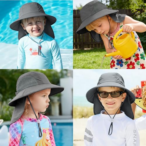 Outdoor Kids Sun Hats with Neck Flap Boys Girls Wide Brim UPF 50+ UV Protection Children Bucket Hat Safari Hat - color: 1pack-darkgrey