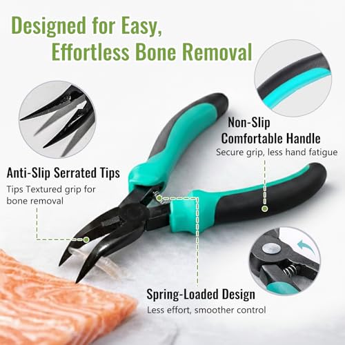 Fish Pin Bone Pliers & Tweezers Set – Serrated Jaw Plier with Flat & Slant Tweezers, Rust-Resistant Deboning Tools for Salmon, Trout & Seafood