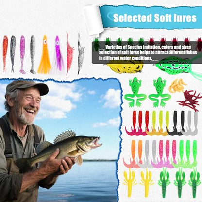 EXAURAFELIS Fishing Lures Tackle Kit, Mixed Hard & Soft Baits Metal Spoons Fishing Accessories for Bass Trout Pike Freshwater Saltwater Fishing - color: 128 pcs