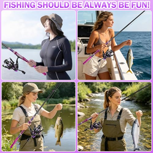 Fishing Rod and Reel Combos, Carbon Fiber Telescopic Fishing Pole Kit with Spinning Reel, Fishing Line, Fishing Lures, Travel Bag for Woman Girl Beginner Saltwater Freshwater - color: DARK PURPLE