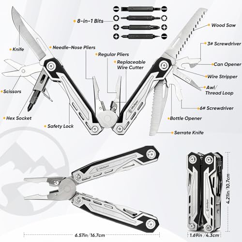 Multper Multitool Pliers MP003AB, 21-in-1 Stainless Steel Multi Tool with Pocket Knife, Screwdriver, Self-locking Pliers for Survival,Outdoor, Camping, Fishing,Hiking, Simple, Repair, Gifts for Men