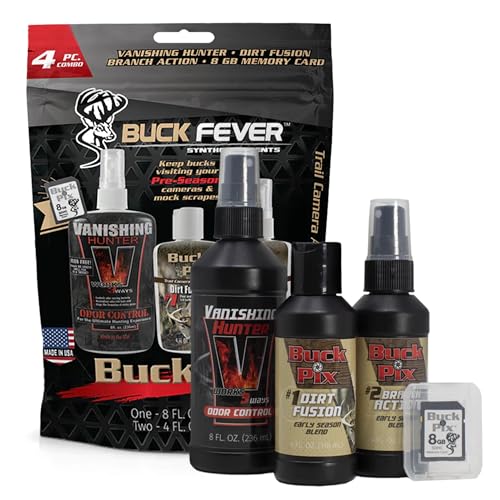 Buck Fever Buck Pix 2,3,4-Piece kit - Synthetic Deer Scent (4 oz Branch Action & 4 oz Dirt Fusion) for Whitetail & Mule - Non-Spoiling Deer Attractant for Outdoor Trail Camera - size: 4 - Piece Combo