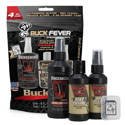 Buck Fever Buck Pix 2,3,4-Piece kit - Synthetic Deer Scent (4 oz Branch Action & 4 oz Dirt Fusion) for Whitetail & Mule - Non-Spoiling Deer Attractant for Outdoor Trail Camera - size: 4 - Piece Combo