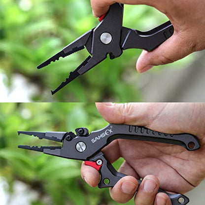 SAMSFX Aluminum Fishing Pliers Hook Remover Braid Line Cutter with Coiled Lanyard, Fly Fishing Knot Tying Tool & Retractors - color: Gray Handle, Split Ring Nose
