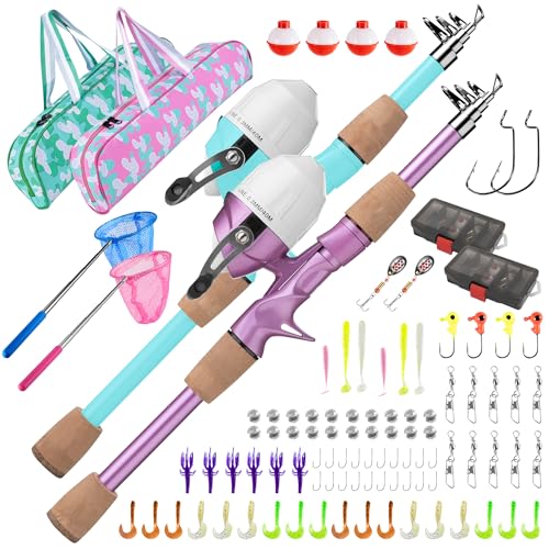 Kids Fishing Pole, Portable Telescopic Kids Fishing Poles for Boys Girls Youth, Fishing Rod and Reel Combo - color: Mint Blue+Metallic Pink