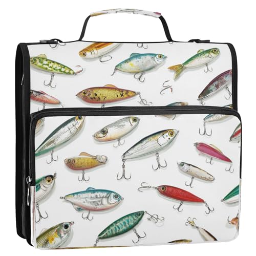 Fish Lure Cute 3 Ring Zipper Binder with Strap 1.5 inch 500 Sheet Capacity File Folder Storage Organizer