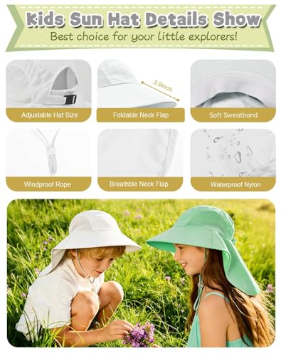 Rosoz Kids Sun Hat with Neck Flap UV Protection Summer Toddler Beach Hat Unisex Ponytail Hat Wide Brim Fishing Hat - color: Light Pink+white