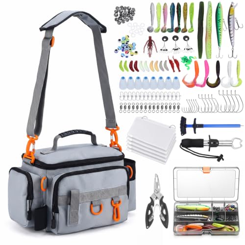 Fishing Tackle Bags with Tackle Box,Waterproof,Padded Shoulder Strap,Gear Storage,Fish Bag with 136 Pcs Fishing Lures Kit,Fish Hook Remover Tool,Fish Lip Gripper,Fishing Plier,Gifts for Men (Gray) - color: Gray