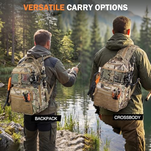 PLUSINNO Fishing Gear Fishing Backpack with Tackle Box, Waterproof tackle Backpack with Rod Holders, Lures, Tools, Pliers & Accessories, Fish Gifts for Men - color: Khaki Fishing Backpack With Fishing Kit