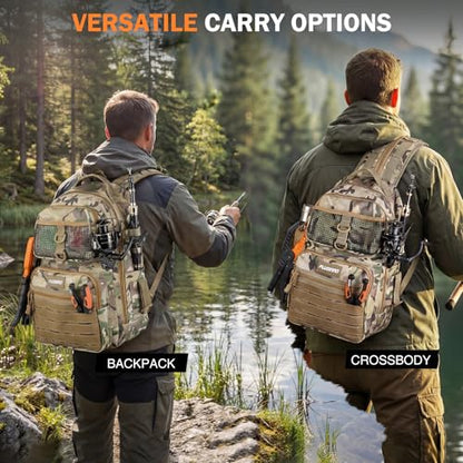 PLUSINNO Fishing Gear, Fishing Backpack with Fishing Rod, Tackle Box, Waterproof Tackle Backpack with Rod Holders,Lures, Tools, Pliers & Accessories, Fish Gifts for Men - color: Orange rod