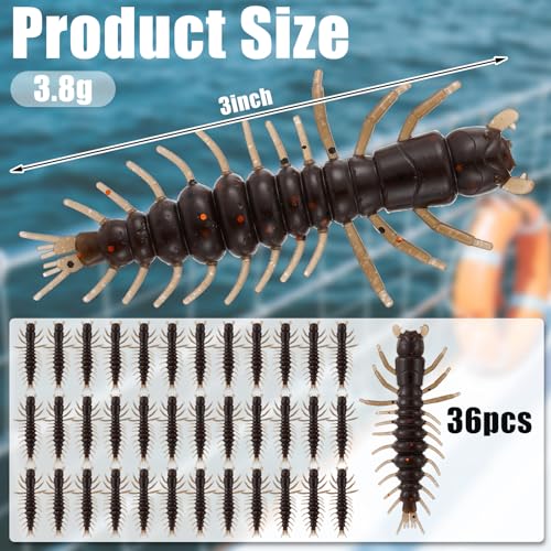 36 Pcs Hellgrammite Fishing Lures 3 Inch Soft Plastic Hellgrammite Fly Realistic Fishing Bait Artificial for Freshwater - color: brown