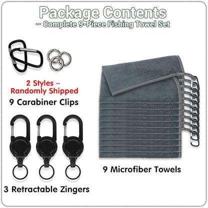 mayoken® 9 Pack Gray Fishing Towels with Clips & Zinger Retractors, Quick-Dry Absorbent Microfiber Bait Towels for Fishing, Boating, Kayaking, Camping & Hiking - color: 9pcs-gray