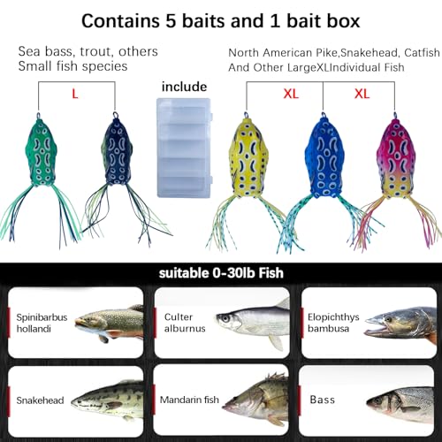 5Pcs Topwater Frog Lures Sets with Bait Box Ray Frog Topwater Fishing Crankbait Lures, for sea bass Snakehead Fish, Frog Soft Bait unaffected by Weed barriers