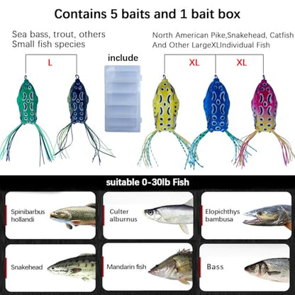 5Pcs Topwater Frog Lures Sets with Bait Box Ray Frog Topwater Fishing Crankbait Lures, for sea bass Snakehead Fish, Frog Soft Bait unaffected by Weed barriers