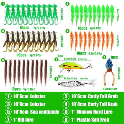 Fishing Lures Kit,Bass Fishing Tackle Set Including Soft Baits Jig Heads Hooks Weights, Complete Freshwater Lure Kit for Bass Trout Walleye Panfish