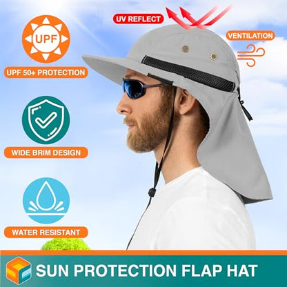 SUN CUBE UPF50+ Sun Hat for Men Women with Neck Flap, Wide Brim UV Protection Fishing Safari Hat for Hiking Beach Gardening - color: Light Gray