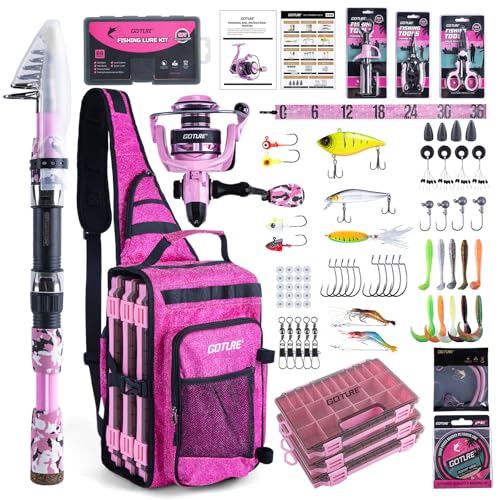 Goture Pink Fishing Rod and Reel Combo - ML Action Spinning Reel Pole with Shimmering Pink Sling Bag - 8FT Telescopic Rod Kit for Starter Travel Saltwater Freshwater - color: Shimmering pink, size: Small bag with 3600 trays, style: Full Fishing Kit(includ