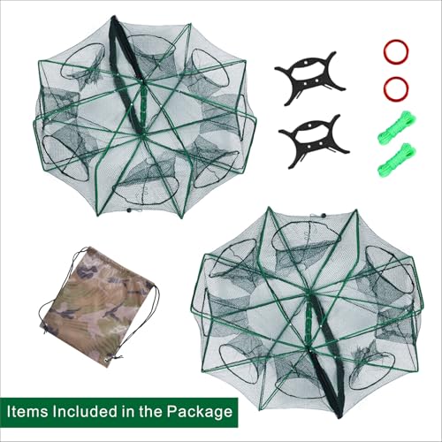 Foldable Fish Trap Net with 8 Holes, Collapsible Fishing Bait Trap for Minnow, Crab, Shrimp, Crawfish, 2 Pack
