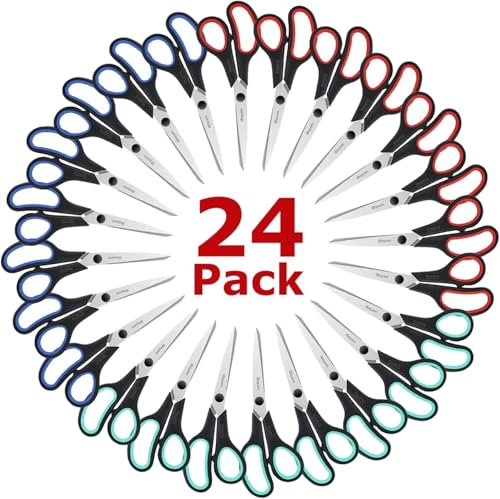 iBayam 8.5" All Purpose Sharp Black Scissors, Comfort-Grip Handles, 24-Pack | 2.5MM Thick Blade, School Student Teacher Classroom Must Have, Office Desk Home Sewing Fabric Supplies, Right & Left Handed - color: Red, Green, Blue, size: 24-Pack