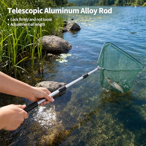Fishing Net with Telescopic Pole Handle, Fish Landing Net with Sturdy Collapsible Handle, Folding Nylon Mesh Landing Netfor Saltwater and Freshwater, Extend to 50 in