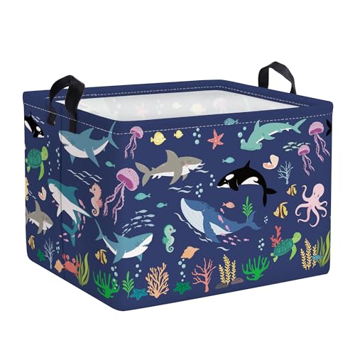 Clastyle Fish Sea Turtle Baby Basket Ocean Coral Seaweed Starfish Toy Book Shelf Basket Waterproof Pool Toy Beach Towel Storage Bin Large Dirty Clothes Laundry Hamper, Whales, 40*30*30 cm
